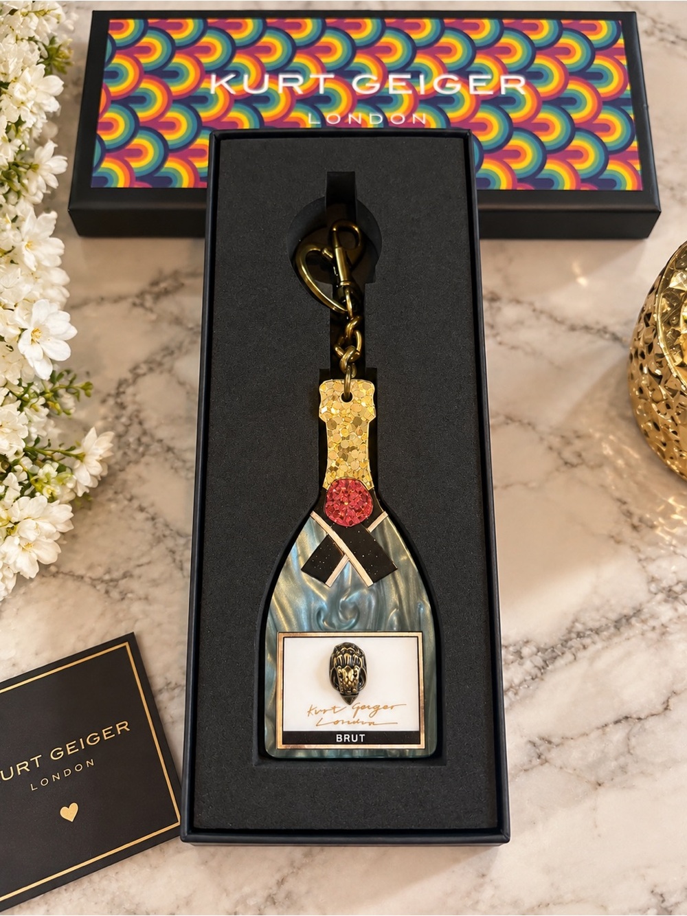 Kurt Geiger Gold, Black & Iridescent Champagne Bottle Keyring